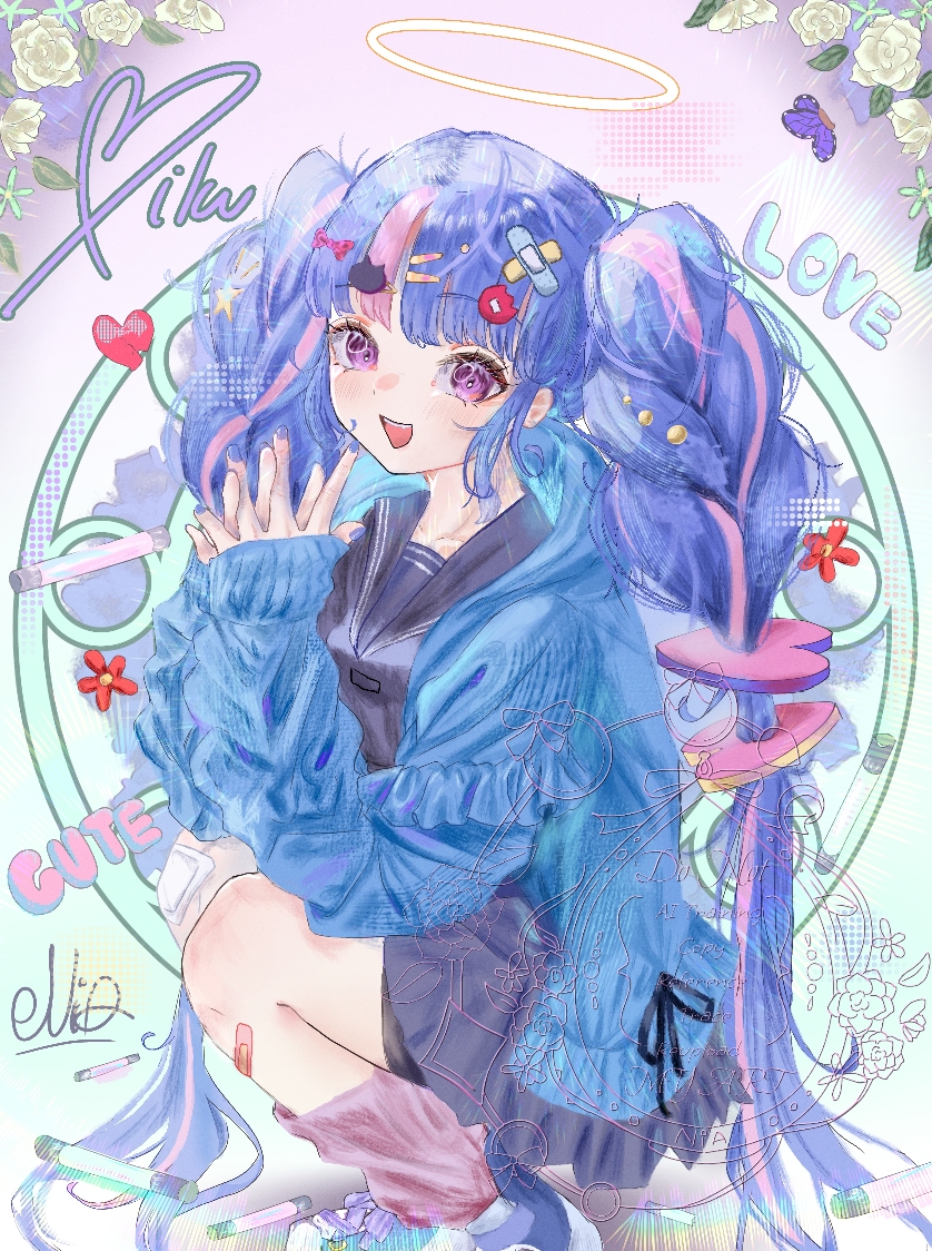 1girl absurdly_long_hair ankle_socks bandaid bandaid_hair_ornament bandaid_on_head bandaid_on_knee bandaid_on_leg black_sailor_collar black_serafuku black_shirt black_skirt blue_background blue_hair blue_jacket blue_nails blue_shoes blunt_bangs bow braided_twintails bug butterfly cat_hair_ornament crossed_bandaids eyelashes flower full_body glowstick gradient_hair hair_bobbles hair_ornament halo hand_in_own_hair happy hatsune_miku heart heart_hair_ornament heisei_retro insect interlocked_fingers jacket long_hair long_sleeves looking_at_viewer loose_socks miniskirt multicolored_hair nail_polish nia_(user_xnpu7783) open_mouth own_hands_together pink_background pink_bow pink_hair pink_socks pleated_skirt purple_butterfly purple_eyes rose sailor_collar school_uniform serafuku shirt shoes shooting_star_hair_ornament skirt sleeves_past_wrists smile sneakers socks solo sparkling_eyes squatting star_(symbol) star_hair_ornament streaked_hair sweater_jacket teeth traditional_halo twintails upper_teeth_only very_long_hair vocaloid watermark white_flower white_rose yellow_halo