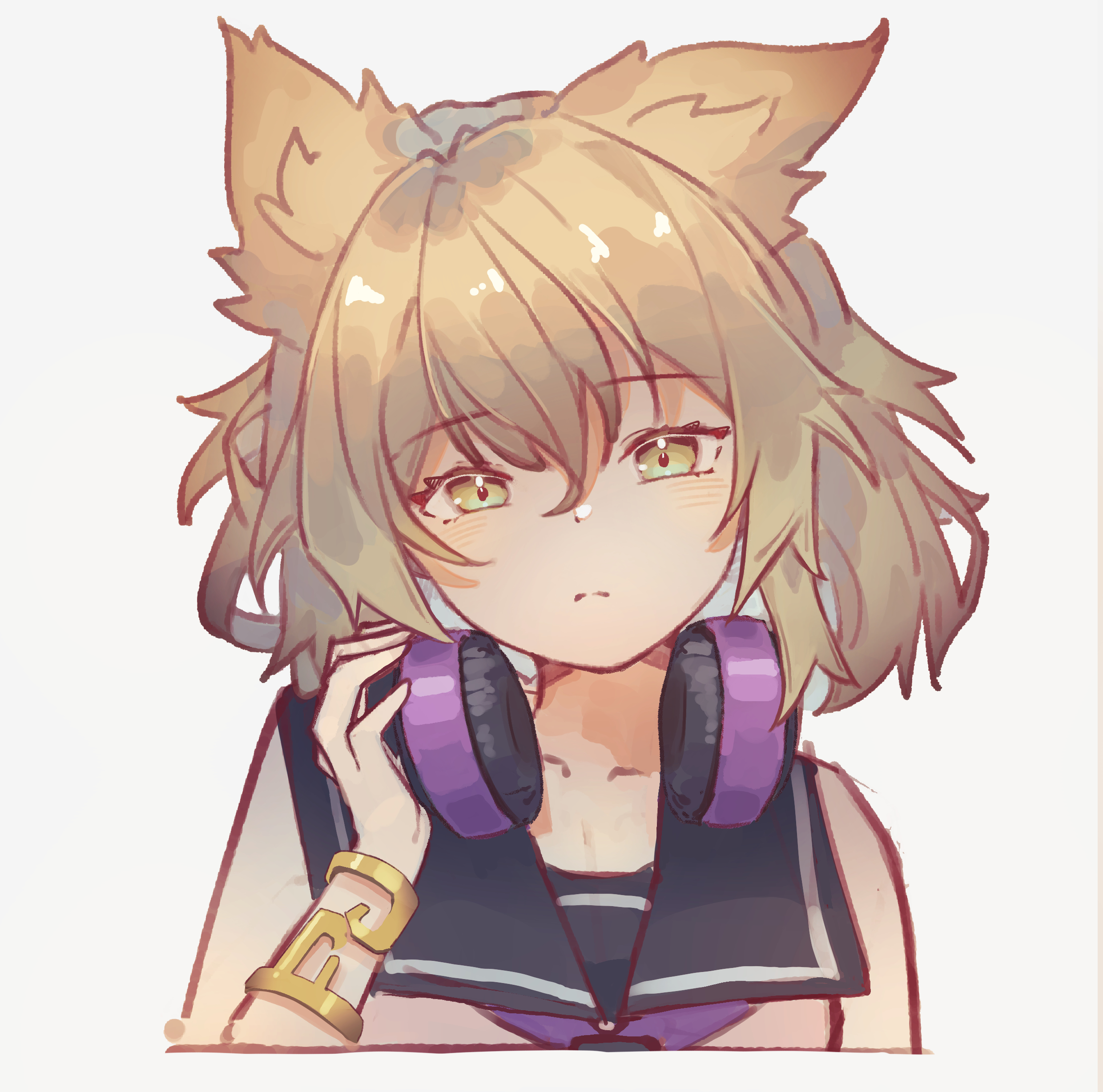 1girl absurdres bare_shoulders blonde_hair bracelet closed_mouth collarbone collared_shirt commentary cropped_shoulders earmuffs earmuffs_around_neck expressionless gold_bracelet green_eyes grey_background hand_up head_tilt highres hinataku1222 jewelry light_blush looking_at_viewer pointy_hair shirt short_hair simple_background sleeveless sleeveless_shirt solo touhou toyosatomimi_no_miko upper_body