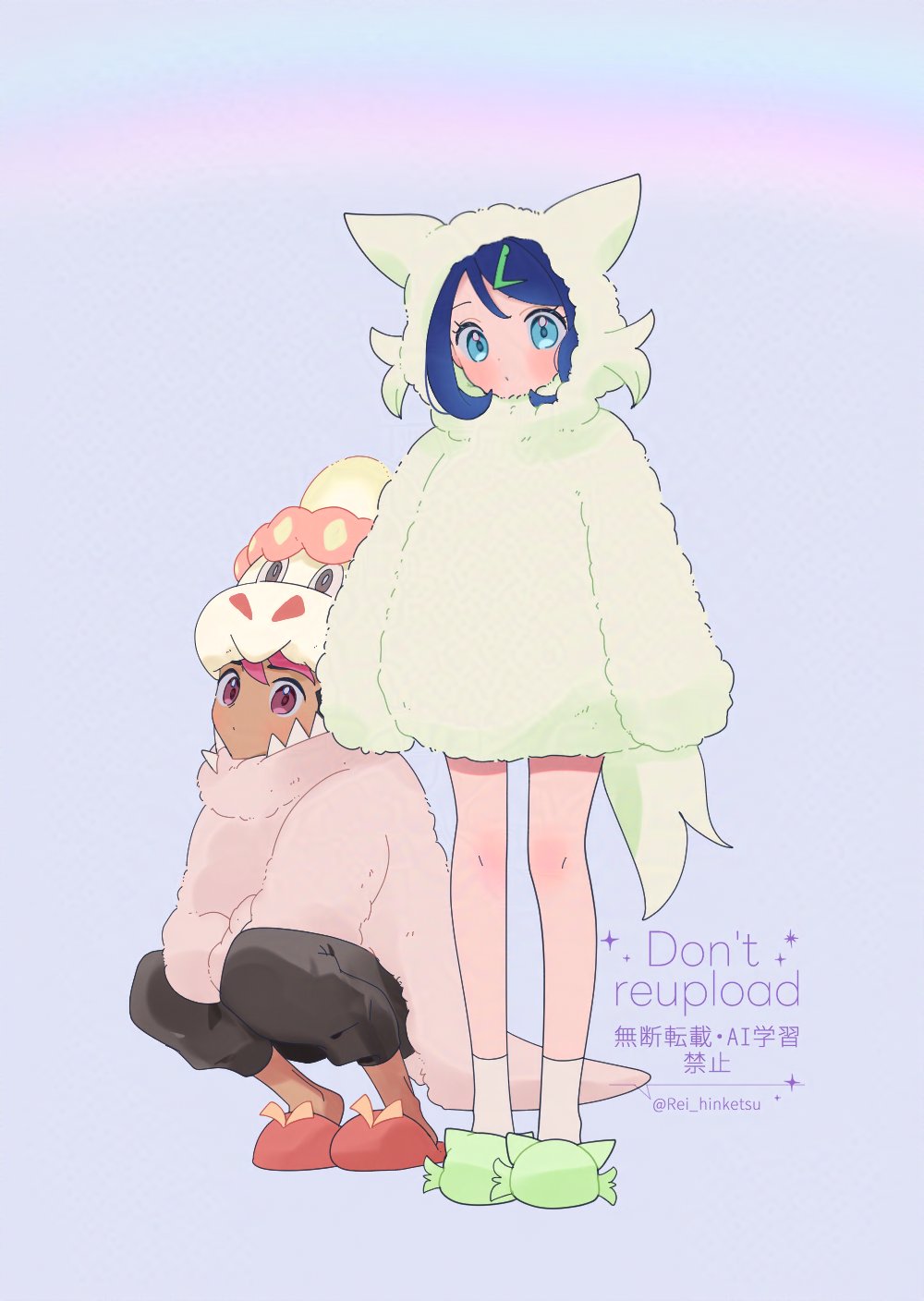 1boy 1girl alternate_costume blue_eyes blush closed_mouth commentary_request cosplay crocalor crocalor_(cosplay) fur_jacket green_slippers grey_background hair_ornament hairclip hat highres hood hood_up jacket liko_(pokemon) long_sleeves nintendo pants pokemon pokemon_(anime) pokemon_horizons red_slippers rei_hinketsu roy_(pokemon) sleeves_past_fingers sleeves_past_wrists slippers socks squatting standing twitter_username watermark