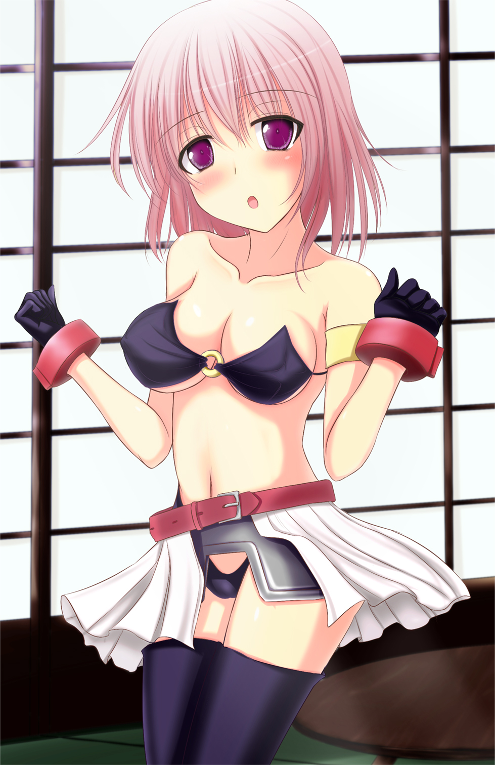 00s 1girl agito agito_(cosplay) agito_(nanoha) agito_(nanoha)_(cosplay) bad_id bad_pixiv_id bare_shoulders black_thighhighs collarbone cosplay female_focus highres lyrical_nanoha mahou_shoujo_lyrical_nanoha navel pink_eyes pink_hair saigyouji_yuyuko short_hair solo tachihaya_hiro thighhighs touhou