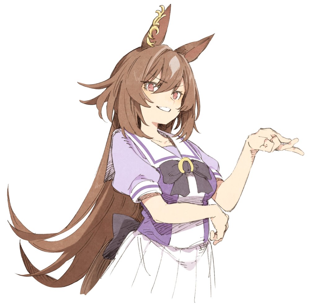 1girl animal_ears breasts brown_hair horse_ears horse_girl kenshouen_(amai_no_eat) long_hair puffy_short_sleeves puffy_sleeves purple_shirt red_eyes school_uniform shirt short_sleeves sirius_symboli_(umamusume) skirt smile solo tracen_school_uniform umamusume white_background white_skirt