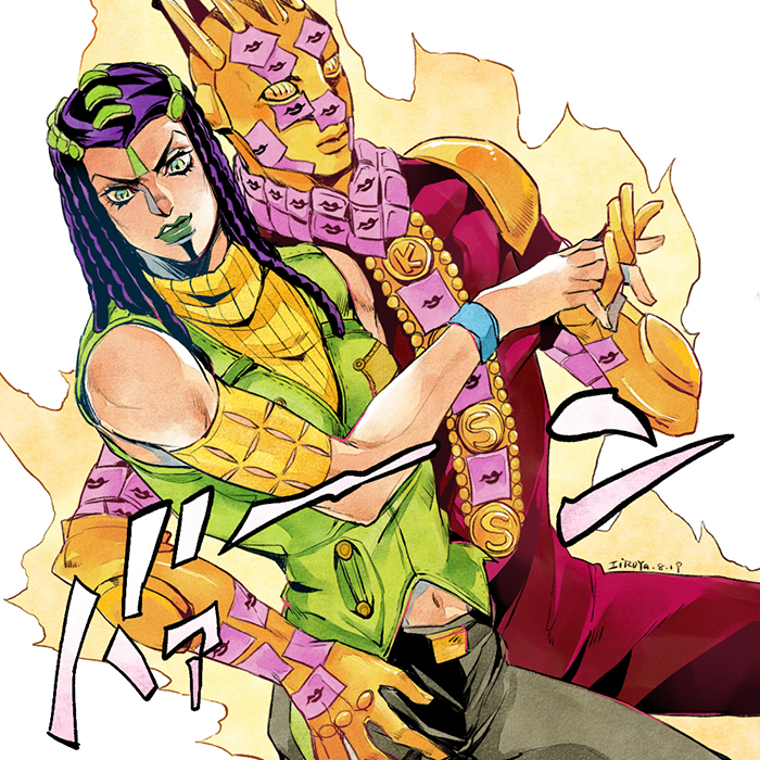 2girls black_hair ermes_costello green_eyes green_lips dreadlocks hatoyama_itsuru interlocked_fingers jojo_no_kimyou_na_bouken kiss_(stand) lipstick makeup multiple_girls stand_(jojo) stone_ocean