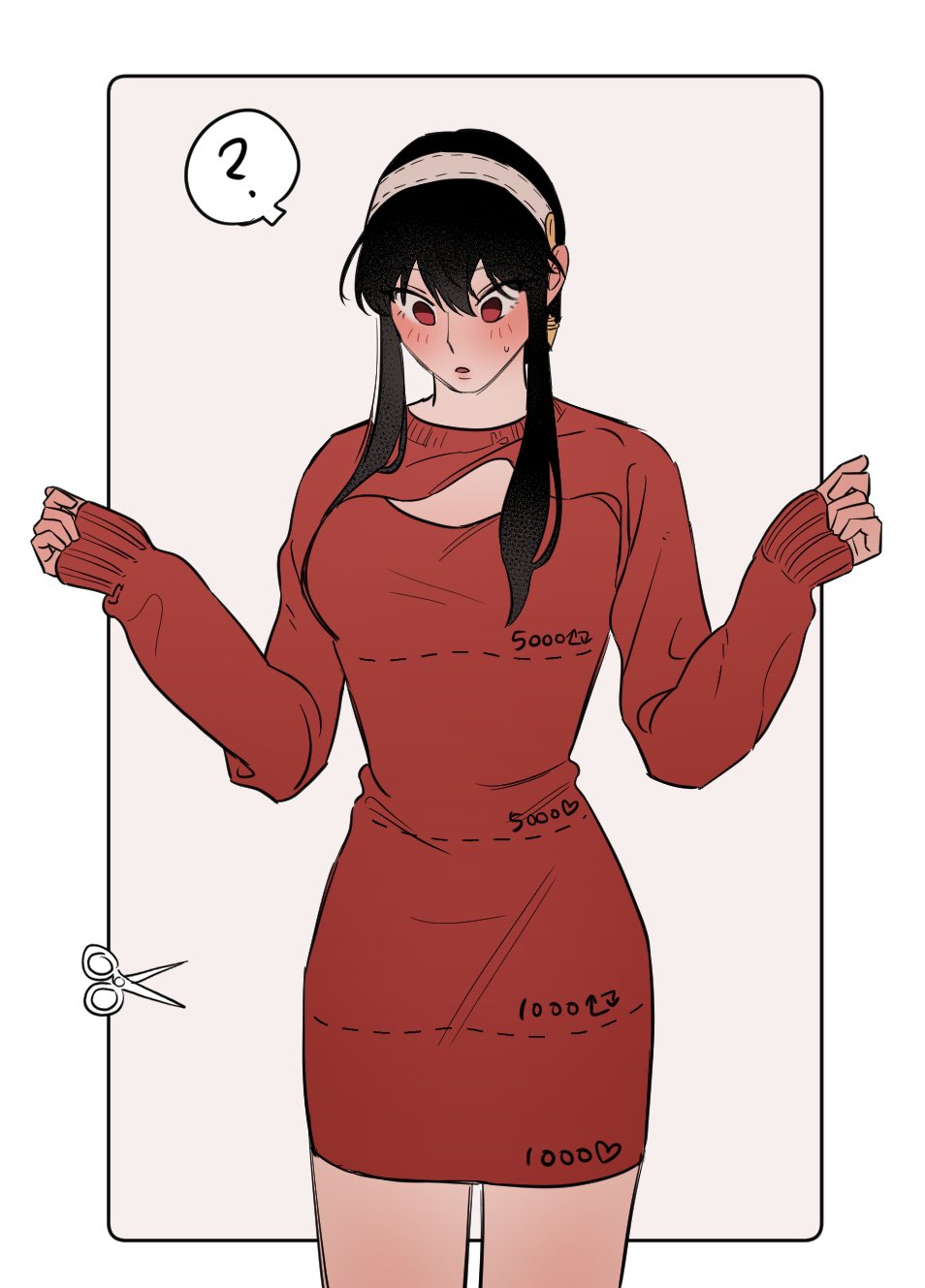 1girl bare_shoulders black_hair blush breasts cleavage cut-here_line cutting_clothes dotted_line dress earrings gold_earrings hairband highres jewelry large_breasts like_and_retweet long_hair off-shoulder_sweater off_shoulder red_eyes red_sweater scissors sidelocks siro666b solo spy_x_family sweater sweater_dress text_print twitter_cutting_game twitter_strip_game two-sided_dress two-sided_fabric white_hairband yor_briar