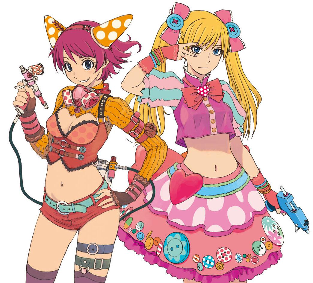 2girls air_compressor air_gun aqua_shirt arm_at_side azuma_kiyohiko belt belt_buckle black_eyes blonde_hair blue_belt blue_eyes border bow bowtie bra bracelet breasts brooch brown_gloves buckle button_hair_ornament chest_harness cleavage cleavage_cutout clothing_cutout commentary cone_hair_bun cowboy_shot crop_top cropped_shirt eyelashes fingerless_gloves frilled_skirt frills garter_straps gas_mask gloves glue_gun hair_bow hair_bun hairband hand_on_own_hip hand_up harness heart heart_brooch holding jewelry long_hair long_sleeves mask mask_around_neck medium_breasts midriff multiple_girls navel official_art orange_shrug pink_bow pink_bowtie pink_bra pink_gloves pink_hair pink_shirt pink_skirt polka_dot polka_dot_bra puffy_short_sleeves puffy_sleeves purple_thighhighs red_hairband red_shorts reset_(wonder_festival) shirt short_hair short_shorts short_sleeves shorts shrug_(clothing) side-by-side simple_background skirt standing swept_bangs thigh_strap thighhighs twintails two-tone_shirt underwear v v_over_eye wanda_(wonder_festival) white_background white_border wonder_festival