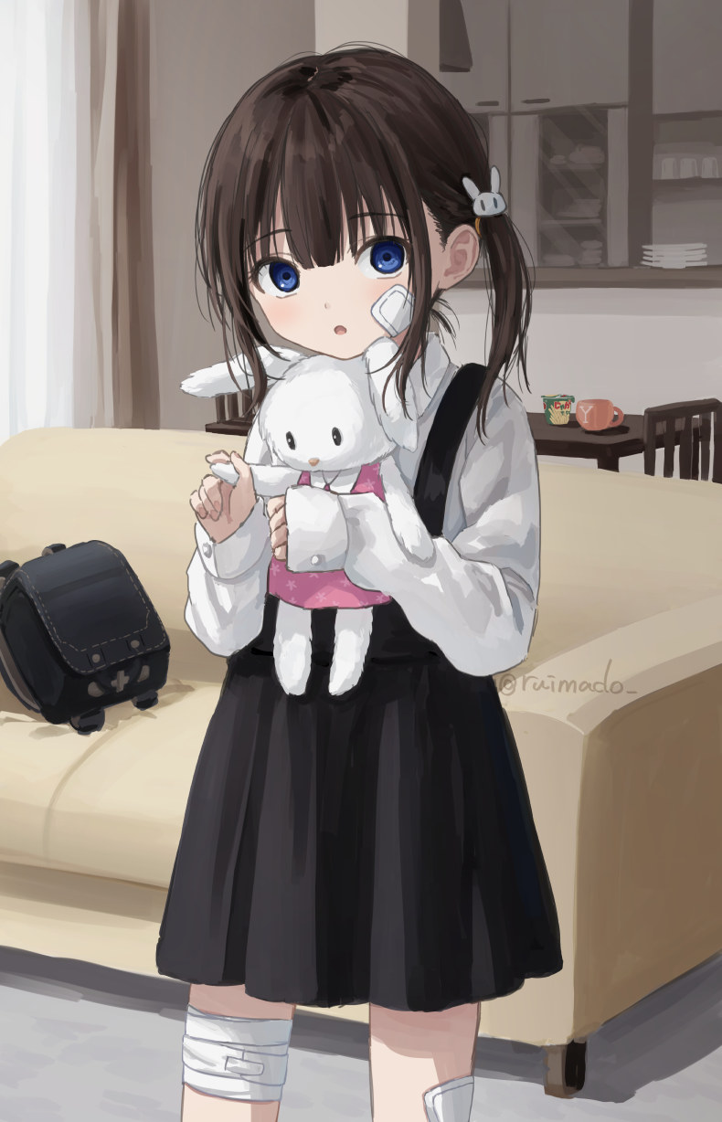 1girl :o backpack bag bandaged_leg bandages black_skirt blue_eyes brown_hair chair child couch hair_ornament highres indoors light_blush long_sleeves looking_at_viewer original rabbit_hair_ornament randoseru ruimado shirt side_ponytail skirt sleeves_past_wrists solo stuffed_animal stuffed_rabbit stuffed_toy suspender_skirt suspenders table unworn_backpack unworn_bag white_shirt