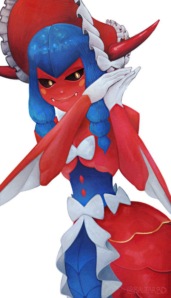 baltarbd black_sclera blue_hair colored_sclera digimon digimon_(creature) dress fangs frilled_dress frills hat horns lamia lamiamon looking_at_viewer monster_girl ribbon smile yellow_eyes