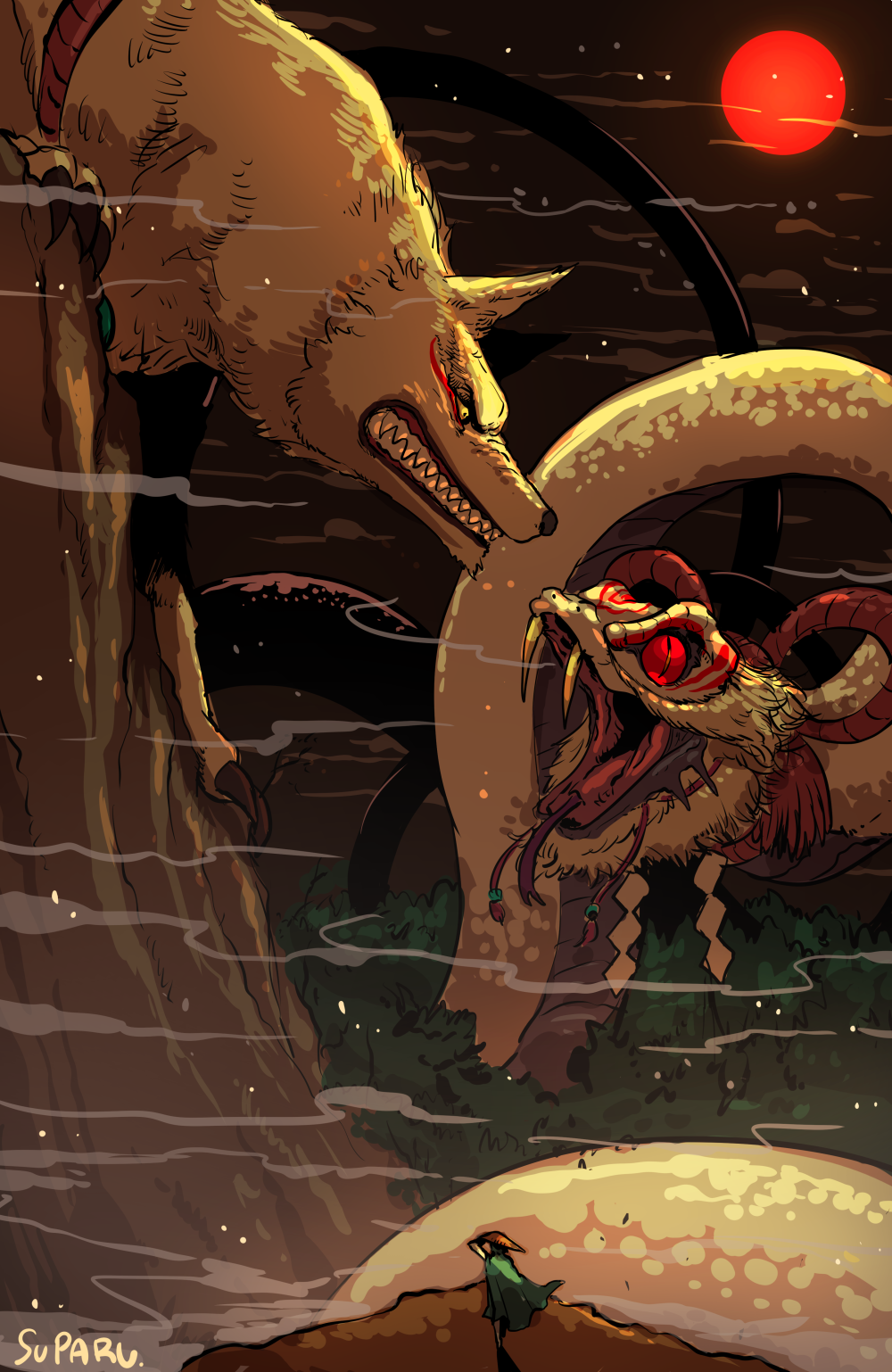 1boy amaterasu_(ookami) animal beard cape character_check claws cliff cloud copyright_check embers face-to-face facial_hair forest forked_tongue growling hat highres horns moon mountain nature night ookami_(game) oversized_animal perched red_moon scales serpent shide signature slit_pupils snake suparu_(detteiu) tongue wolf
