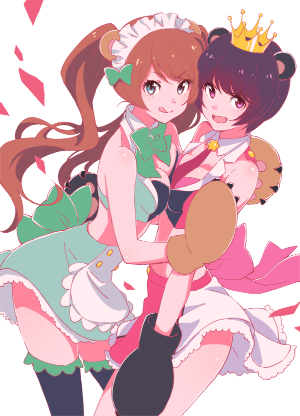 2girls :d animal_ears animal_hands apron bare_shoulders bear_ears bear_girl bear_paws blue_eyes bow bowtie breast_press breasts brown_hair cleavage closed_mouth collar commentary_request crop_top crown detached_collar frilled_skirt frills gloves green_bow green_bowtie green_skirt hands_up hug long_hair looking_at_viewer maid_headdress midriff multiple_girls necktie nonaka_nono open_mouth paw_gloves pink_bow pink_eyes pink_necktie pink_skirt short_hair skirt small_breasts smile standing symmetrical_docking tongue tongue_out twintails waist_apron white_apron white_background white_collar yuri_kuma_arashi yurigasaki_lulu yurishiro_ginko