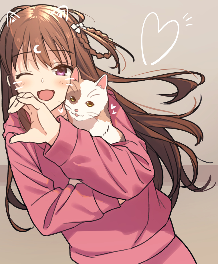1girl 22/7 :d blush bow braid braided_hair_rings brown_background brown_hair cat hair_bow hair_rings heart heart_hands hood hoodie long_hair looking_at_viewer nagareboshi one_eye_closed open_mouth pink_hoodie purple_eyes simple_background smile solo tachikawa_ayaka upper_body very_long_hair white_bow