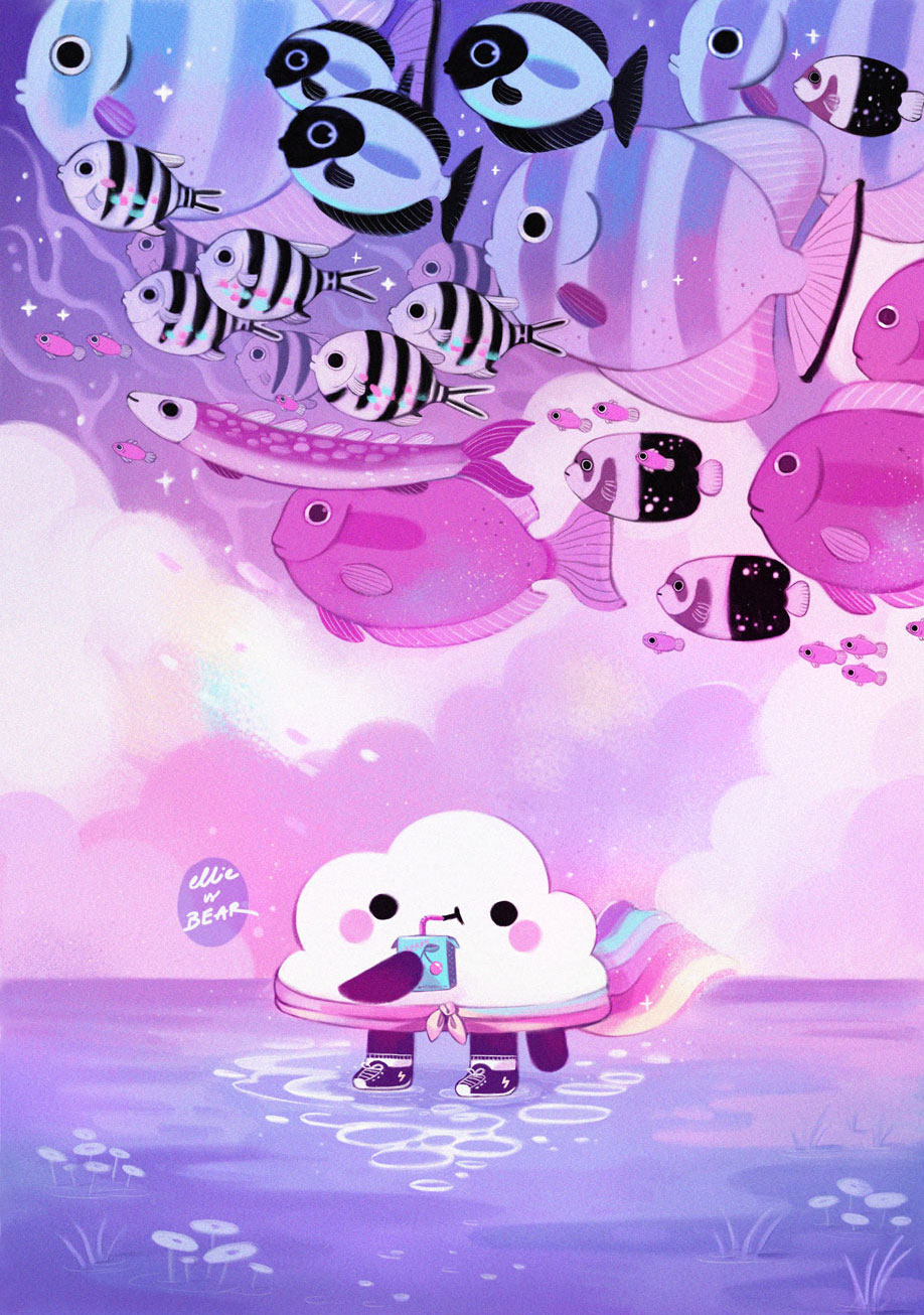 angelfish artist_name blush cape cloud commentary ellievsbear english_commentary fish flying_fish grass highres holding_juice_box juice_box original outdoors pastel_colors plant procreate_(medium) rainbow rainbow_flag shoes signature sneakers solid_circle_eyes solid_eyes sparkle standing water