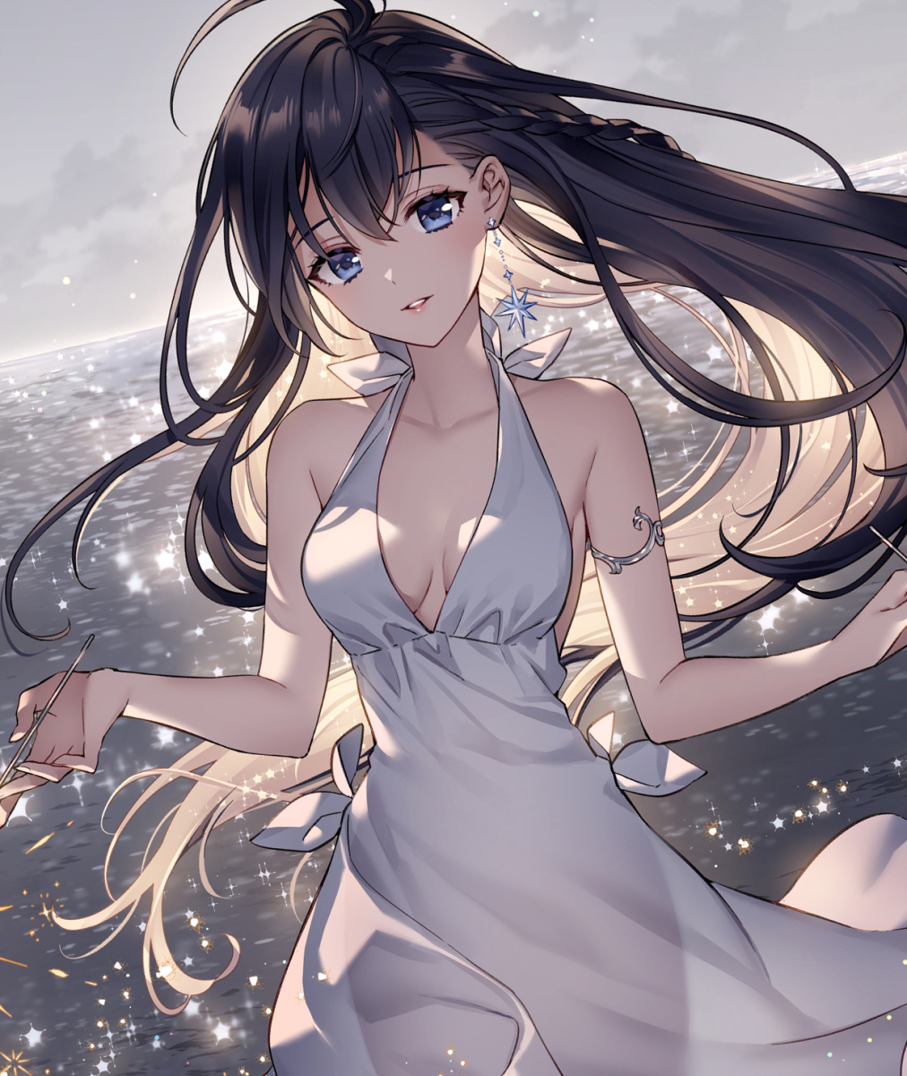 1girl ahoge armband armpits bare_arms bare_shoulders breasts breasts_apart brown_hair dress dutch_angle earrings floating_hair grey_sky halter_dress halterneck hashtag-only_commentary highres jewelry long_hair nardack ocean original parted_lips purple_eyes sky solo star_(symbol) star_earrings upper_body w_arms