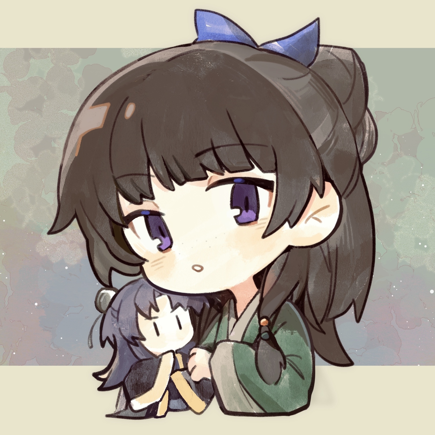 1boy 1girl black_eyes black_robe blue_hair blue_hanfu blunt_bangs blush_stickers bow brown_hair bun_cover chibi chinese_clothes chinese_commentary commentary_request cropped_torso furrowed_brow green_shirt hair_bobbles hair_bow hair_bun hair_ornament hair_ribbon half_updo hanfu highres jinshi_(kusuriya_no_hitorigoto) kusuriya_no_hitorigoto letterboxed long_hair long_sleeves looking_at_viewer maomao_(kusuriya_no_hitorigoto) mari_sleep mini_person miniboy no_mouth open_mouth outside_border parted_bangs purple_bow purple_eyes ribbon robe shirt sidelocks single_hair_bun size_difference sleeves_past_fingers sleeves_past_wrists solid_oval_eyes space very_long_hair white_ribbon wide_sleeves