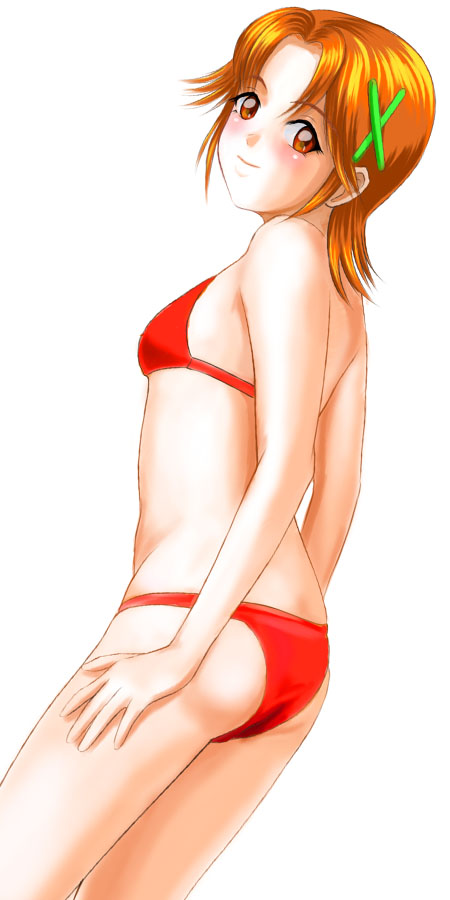 1girl akiho_minori bikini female_focus looking_back orange_hair red_bikini red_eyes shopyun short_hair solo swimsuit tokimeki_memorial tokimeki_memorial_pocket
