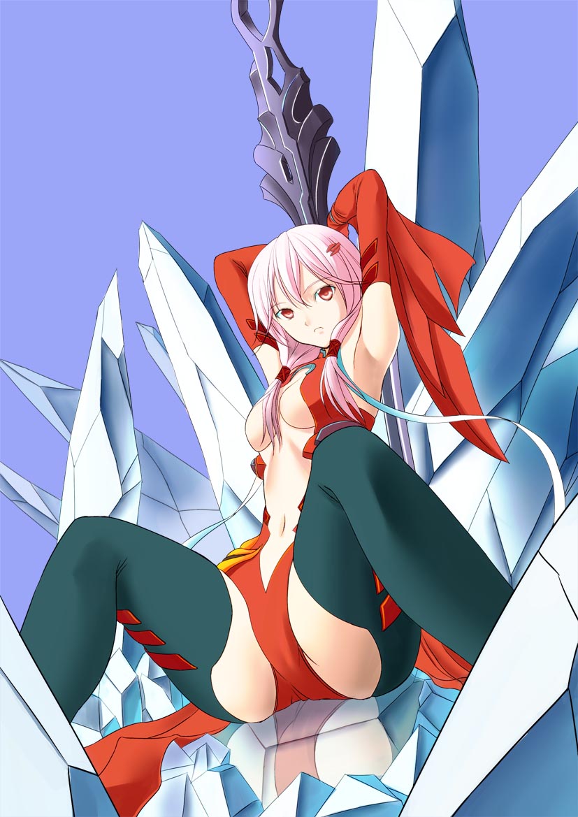 10s 1girl arm_behind_head bare_shoulders black_thighhighs breasts center_opening cleavage crystal detached_sleeves elbow_gloves female_focus fingerless_gloves gloves guilty_crown hair_ornament hairclip kagura_hiromu long_hair looking_at_viewer navel open_mouth pink_hair red_eyes reflection solo thighhighs twintails void_(guilty_crown) yuzuriha_inori
