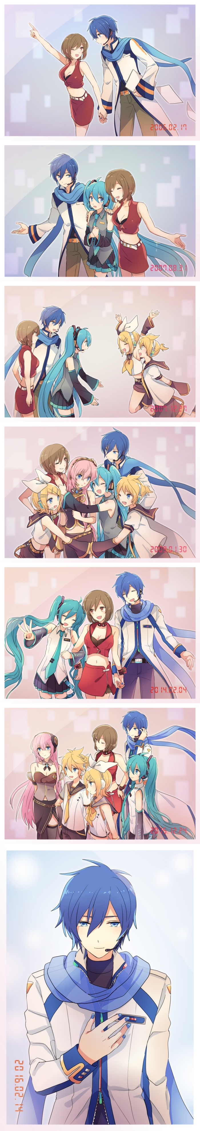 2006 2007 2009 2014 2015 2016 2boys 4girls ;d absurdres akiyoshi_(tama-pete) arm_warmers arms_up bare_arms belt black_shirt black_skirt black_tank_top blonde_hair blue_coat blue_eyes blue_hair bra breasts brown_hair choker closed_eyes coat dated detached_sleeves expressionless finger_nails fingernails grey_shirt hair_ribbon hand_on_another&#039;s_shoulder happy hatsune_miku hatsune_miku_(vocaloid3) headphones headset highres holding_hands kagamine_len kagamine_len_(vocaloid4) kagamine_rin kagamine_rin_(vocaloid4) kaito_(vocaloid) kaito_(vocaloid3) long_hair long_image long_skirt looking_at_another looking_away megurine_luka megurine_luka_(vocaloid4) meiko_(vocaloid) meiko_(vocaloid3) microphone multiple_boys multiple_girls nail_polish necktie one_eye_closed open_mouth panels pants paper pink_hair pointing ponytail red_eyes red_skirt red_tank_top ribbon scarf shirt short_hair shorts side_slit simple_background skirt sleeveless sleeveless_shirt smile tall_image tank_top thighhighs twintails underwear very_long_hair vocaloid white_coat white_shirt zipper