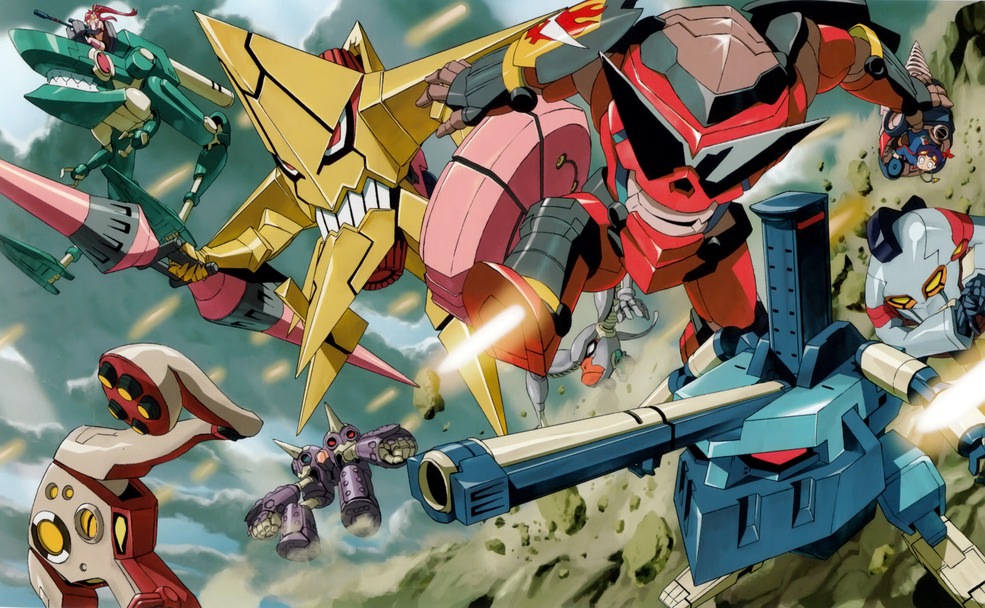 00s 1boy 1girl ainzer dayakkaiser drill epic gurren king_kittan kiyalunga lagann mecha moshogun non-web_source official_art robot scan shinagawa_hiroki simon_(ttgl) sozoshin sunglasses tengen_toppa_gurren_lagann twin_boukun yoko_littner