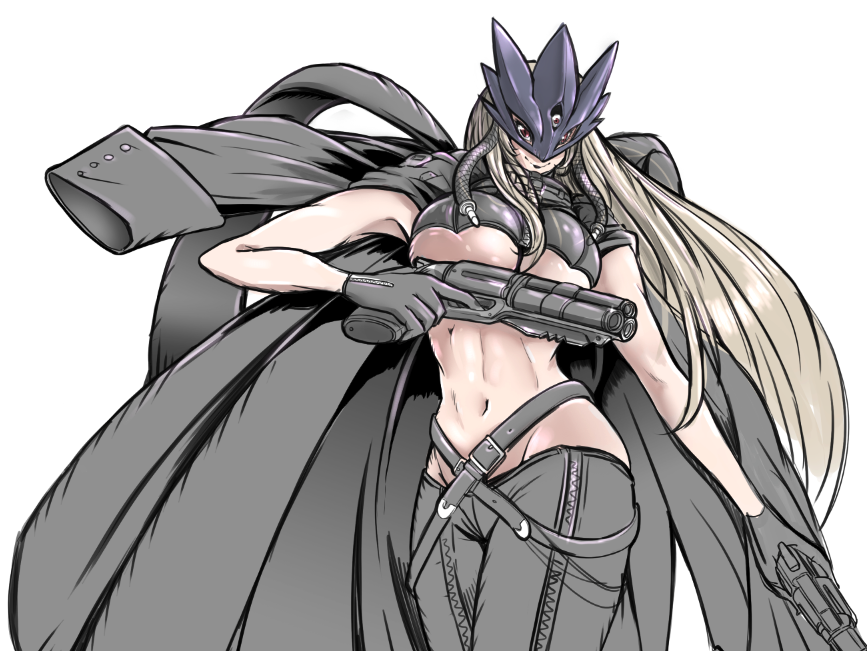 1girl abs beelstarmon belt breasts combination_weapon digimon digimon_(creature) extra_eyes female_focus gun handgun knife large_breasts mask monster_girl multiple-barrel_gun revealing_clothes revolver solo taqrider third_eye underboob weapon