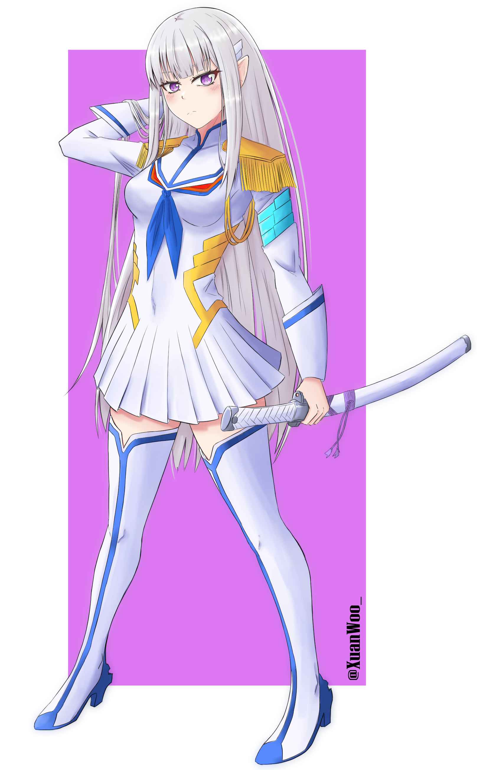 1girl absurdres boots breasts cosplay covered_navel eennee elf emilia_(re:zero) epaulettes gloves hair_ornament highres junketsu kill_la_kill kiryuuin_satsuki_(cosplay) life_fiber living_clothes long_hair looking_at_viewer pointy_ears purple_eyes re:zero_kara_hajimeru_isekai_seikatsu school_uniform skirt solo sword thigh_boots thighhighs weapon white_hair