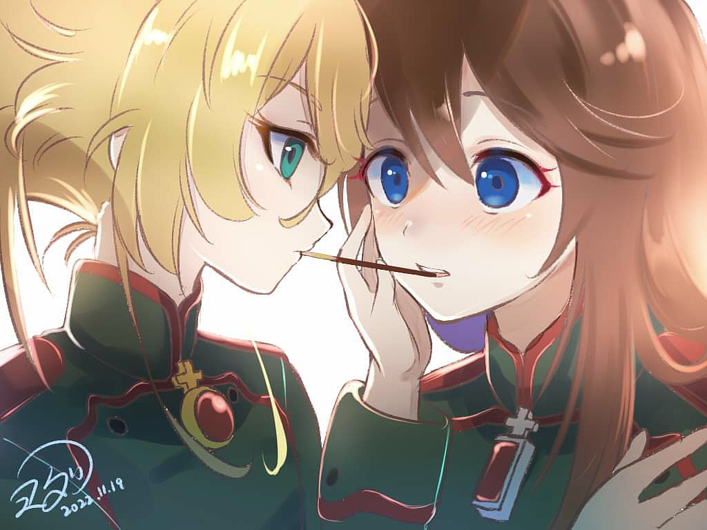 2girls aqua_eyes blonde_hair blue_eyes blush brown_hair closed_mouth cross dated food food_in_mouth gem green_jacket hair_between_eyes hand_on_another&#039;s_face hand_up high_ponytail iron_cross jacket long_hair long_sleeves looking_at_another mandarin_collar military_jacket multiple_girls open_mouth pocky pocky_day pocky_in_mouth pocky_kiss ponytail red_gemstone shared_food sidelocks signature simple_background single_sidelock tanya_degurechaff teeth upper_body viktoriya_ivanovna_serebryakov white_background youda_(seravichacha) youjo_senki yuri