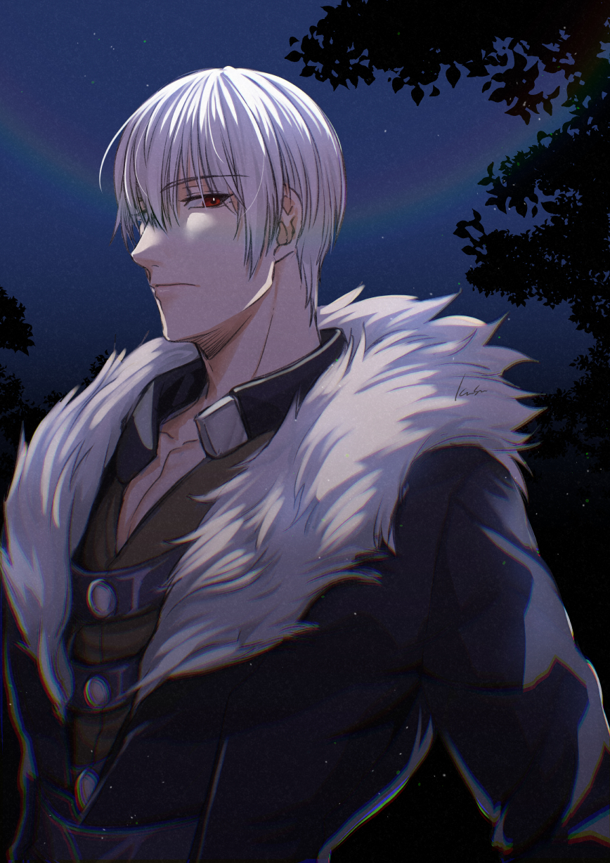 1boy aleph_coulson black_jacket character_request check_character fur_trim hair_between_eyes highres jacket kusu_(moo1225) male_focus night outdoors red_eyes solo upper_body white_hair yuukyuu_gensoukyoku