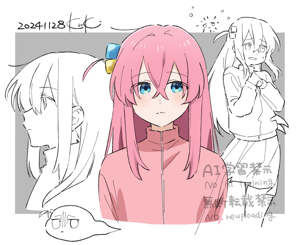 bocchi_the_rock! cube_hair_ornament gotoh_hitori hair_ornament jacket kurosuke_(sk_tsu96) pink_hair pink_jacket pink_track_suit track_jacket track_suit worried