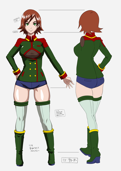 april_fools boots breasts brown_hair butcha-u reference_sheet eroquis! green_eyes injuu_kangoku large_breasts liz_glover short_shorts shorts smile