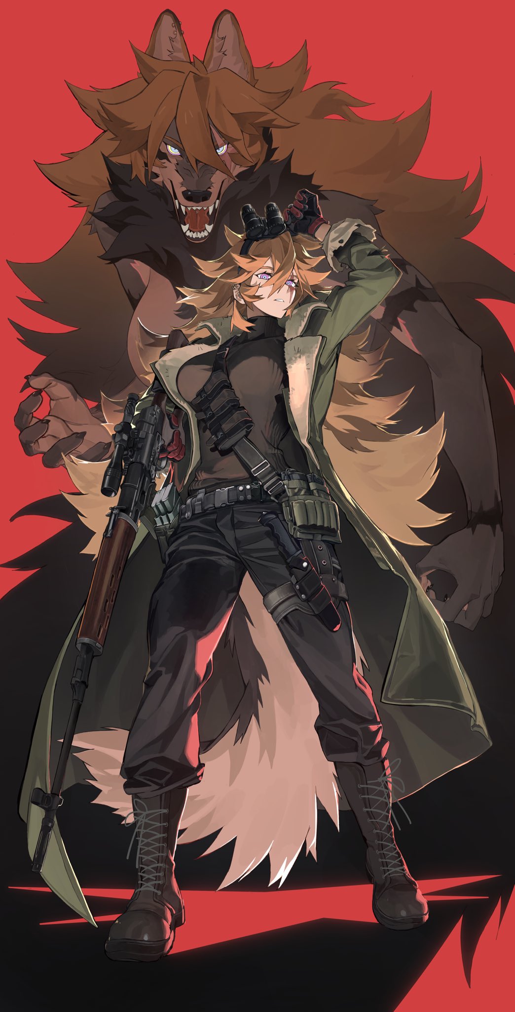1girl belt blue_eyes boots dagger dual_persona full_body fur furry furry_female gloves gun highres holster jacket knife knifedragon long_hair looking_to_the_side mature_female night-vision_device original pouch red_background rifle simple_background sniper_rifle solo tail thigh_strap weapon werewolf