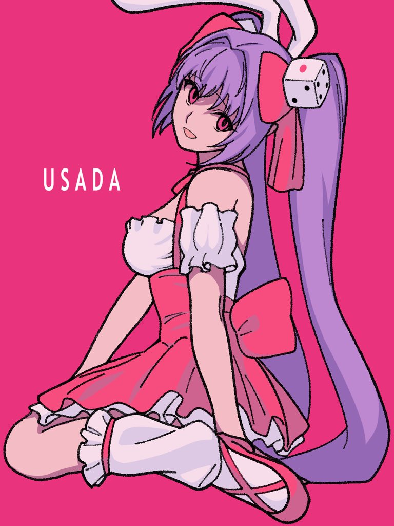1girl animal_ears bow breasts character_name di_gi_charat dice_hair_ornament dress hair_bow hair_ornament kashiwa_(iersansi) large_breasts long_hair looking_at_viewer open_mouth pink_background pink_bow pink_eyes pink_hair pink_shoes purple_hair rabbit_ears shoes sitting solo twintails usada_hikaru very_long_hair