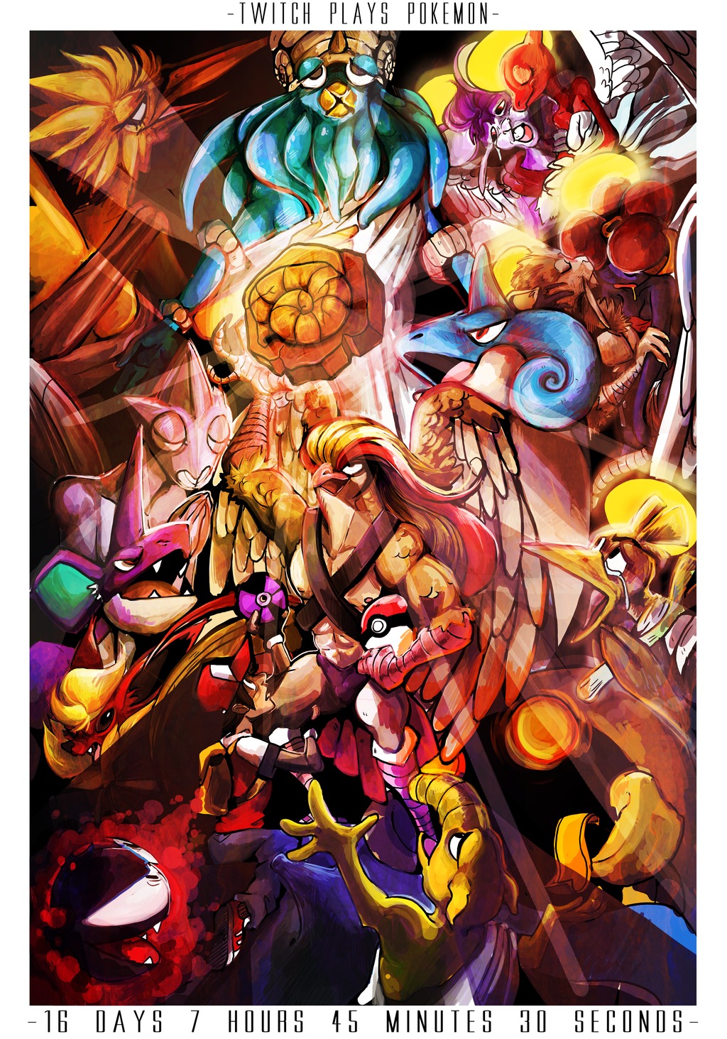 1990s_(style) 1boy abs angel_wings bad_id bad_tumblr_id charmeleon drowzee everyone farfetch&#039;d flareon game_freak gastly gen_1_pokemon halo helix_fossil highres lapras legendary_pokemon nidoking nintendo omanyte personification pidgeot poke_ball poke_ball_(basic) pokemon pokemon_rgby raticate rattata red_(pokemon) retro_artstyle spring_onion tia_(iris-sempi) twitch_plays_pokemon vileplume wings zapdos