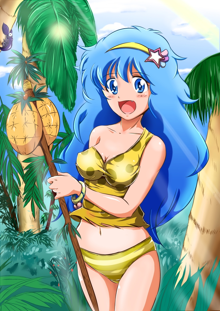 1girl blue_eyes blue_hair blush bracelet cloud coconut day fang female_focus hairband hayami_persia holding jewelry long_hair mahou_no_yousei_persia marimon_m matching_hair/eyes navel open_mouth palm_tree panties persia_(mahou_no_yousei_persia) sky smile solo standing star_(symbol) striped_clothes striped_panties tank_top tree underwear underwear_only yellow_panties