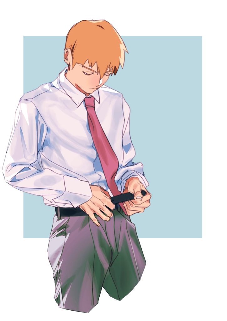 1boy belt black_belt blonde_hair closed_eyes closed_mouth collared_shirt cropped_legs dress_shirt grey_pants hair_between_eyes holding holding_belt long_sleeves male_focus mob_psycho_100 necktie pants red_necktie reigen_arataka shirt shirt_tucked_in siotomato sleeve_cuffs solo white_shirt wing_collar