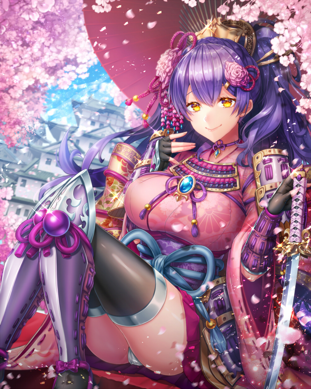 1girl architecture armor bad_id bad_pixiv_id black_gloves black_thighhighs blue_sky bracer breasts cherry_blossoms day east_asian_architecture female_focus fingerless_gloves floral_print flower glint gloves greaves hair_flower hair_ornament hairclip hand_up highres kamuinii katana knees_together_feet_apart large_breasts long_hair original outdoors panties pantyshot petals pink_skirt planted purple_hair sitting skirt sky solo sword thighhighs underwear very_long_hair weapon yellow_eyes