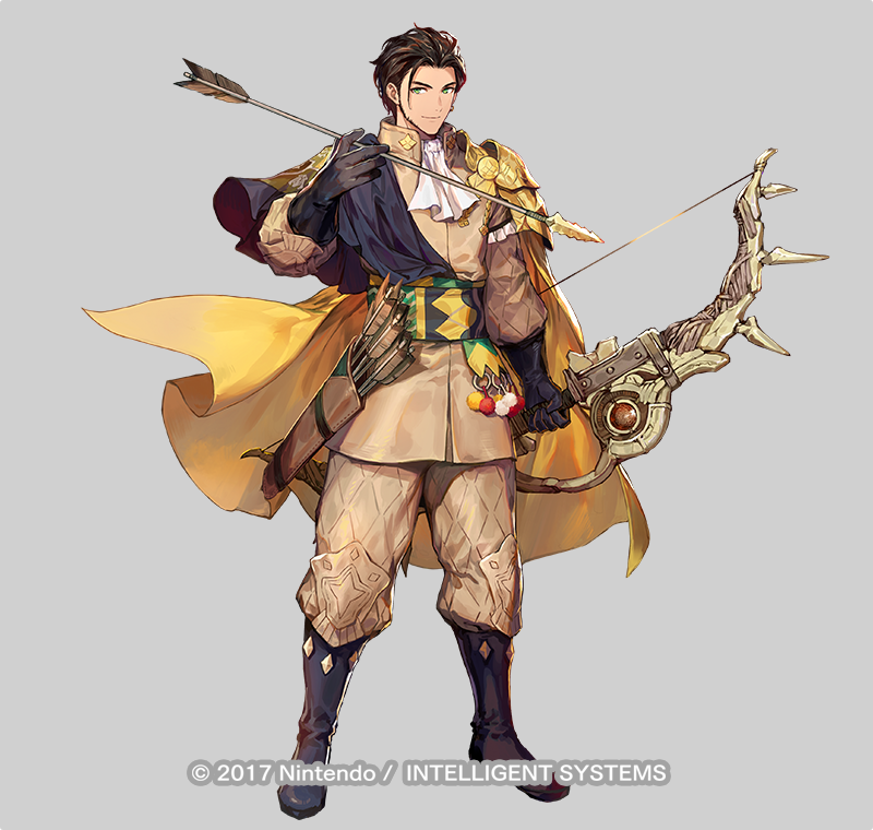 1boy arrow_(projectile) azu-taro black_boots boots bow_(weapon) cape capelet claude_von_riegan claude_von_riegan_(timeskip) copyright_notice earrings fire_emblem fire_emblem:_three_houses fire_emblem_heroes full_body green_eyes grey_background jewelry male_focus nintendo official_art smile solo weapon yellow_cape