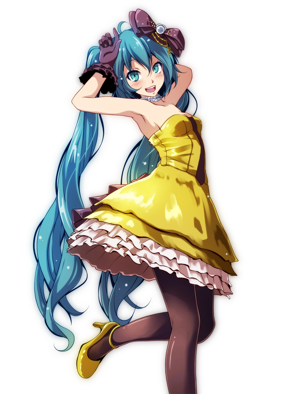 1girl :d ahoge aqua_eyes aqua_hair armpits artist_request bed_sheet black_pantyhose blue_eyes blue_hair blush bow breasts brown_bow brown_gloves brown_pantyhose cleavage dress female_focus frilled_dress frills gloves hair_between_eyes hair_bow hair_ornament hatsune_miku hatsune_miku_(siren) highres kochira_koufuku_anshin_iinkai_desu_(vocaloid) long_dress long_hair looking_at_viewer open_mouth pantyhose pleated_skirt shirt shoes simple_background skirt sleeveless sleeveless_dress sleeveless_shirt small_breasts smile solo standing standing_on_one_leg strapless strapless_dress teeth tsukishiro_saika twintails upper_teeth_only very_long_hair vocaloid white_background yellow_dress yellow_shoes