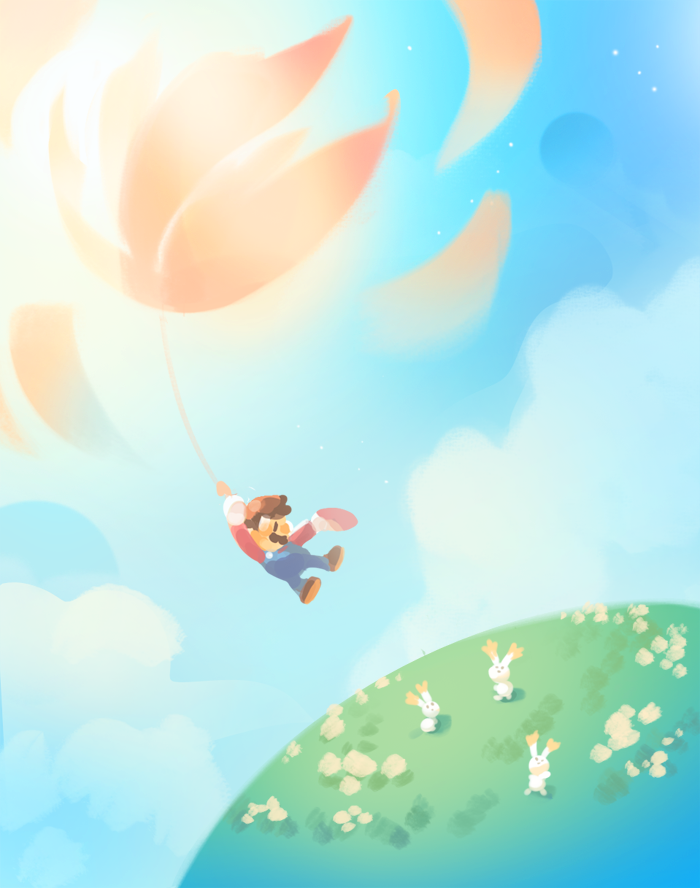 1boy brown_hair day facial_hair floating gigi_d.g. hat mario mario_(series) mustache nintendo outdoors overalls rabbit star_bunny super_mario_galaxy unworn_hat unworn_headwear