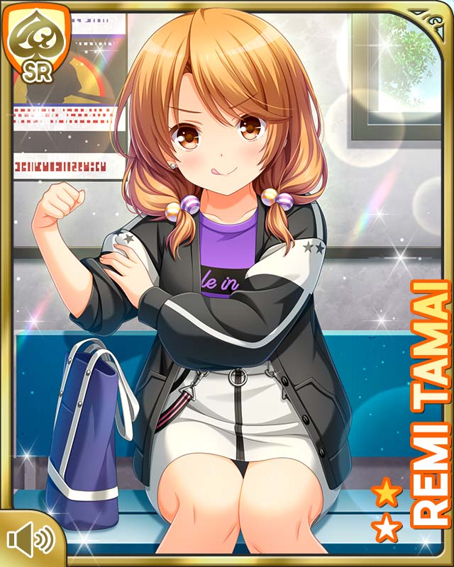 1girl :p bare_legs batting_cage black_jacket brown_eyes brown_hair card_(medium) closed_mouth day dutch_angle facing_viewer female_focus girlfriend_(kari) indoors jacket looking_at_viewer low_twintails official_art onsen purple_shirt qp:flapper shirt sitting skirt smile solo tamai_remi tongue tongue_out twintails white_skirt