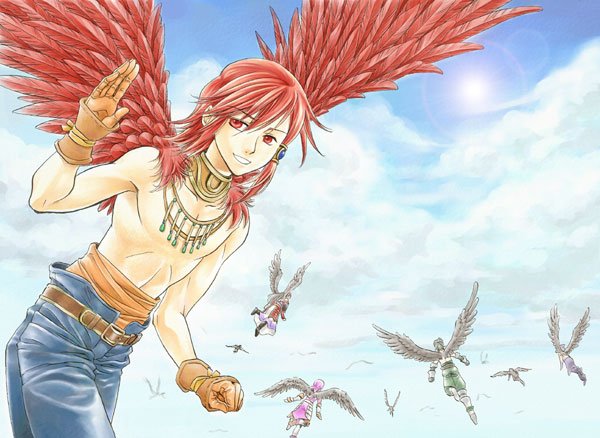 00s 1boy aegyl cloud day final_fantasy final_fantasy_xii final_fantasy_xii_revenant_wings flying gloves kimagureneko llyud male_focus mana_tohno red_eyes red_hair topless_male sky smile solo_focus wings