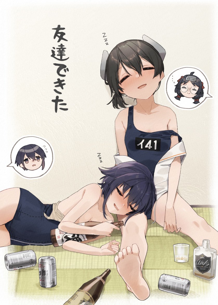 4girls alcohol asymmetrical_hair bare_arms bare_legs bare_shoulders barefoot beer_can black_hair black_one-piece_swimsuit blush bottle breasts can closed_eyes cup drink_can drunk hair_between_eyes headgear heian_maru_(kancolle) i-13_(kancolle) i-14_(kancolle) i-41_(kancolle) kantai_collection long_hair multiple_girls one-piece_swimsuit open_mouth school_swimsuit short_hair sleeping small_breasts soles swimsuit tatami toes whiskey yamashichi_(mtseven) zzz