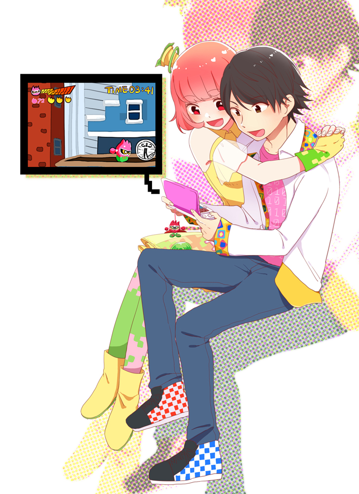 1boy 1girl gloves handheld_game_console houjou_emu kamen_rider kamen_rider_ex-aid kamen_rider_ex-aid_(series) mimo_(amimo0805) nintendo_3ds pink_hair poppi_pipopapo short_hair