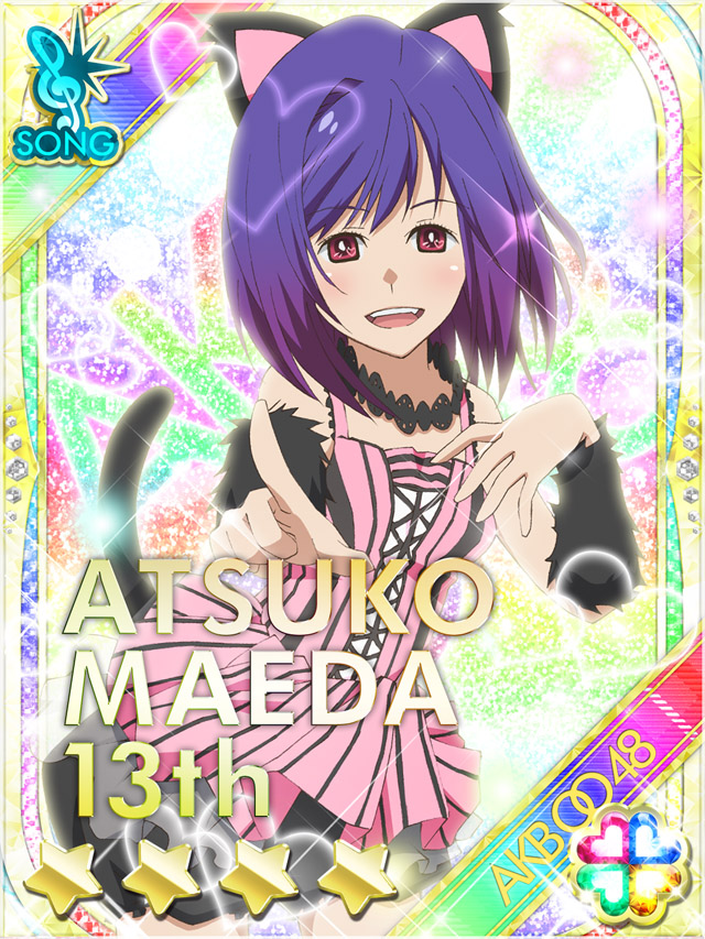 1girl :d akb0048 animal_ears asymmetrical_hair black_shorts black_tail camisole cat_ears cat_tail character_name copyright_name cowboy_shot fake_animal_ears fake_tail fang heart looking_at_viewer maeda_atsuko_(akb0048) medium_hair non-web_source official_art open_mouth pink_camisole pointing pointing_at_viewer puffy_shorts purple_eyes purple_hair shorts smile sparkle standing star_(symbol) striped_clothes tail teeth upper_teeth_only vertical-striped_clothes