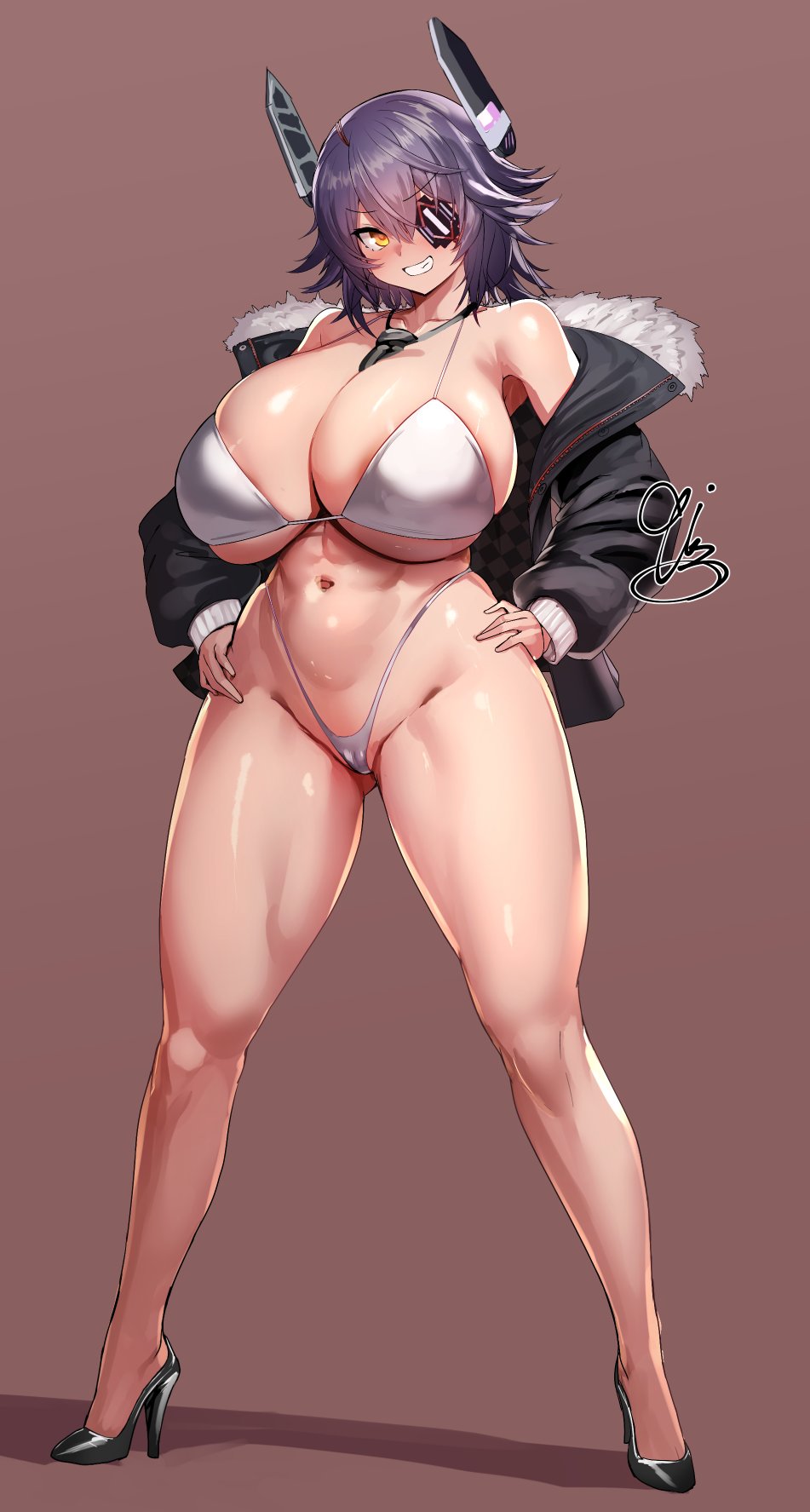 1girl 9is alternate_costume between_breasts bikini black_footwear black_jacket breasts cameltoe eyepatch full_body fur-trimmed_jacket fur_trim grin headgear high_heels highleg highleg_bikini highres huge_breasts jacket kantai_collection looking_at_viewer navel necktie necktie_between_breasts off_shoulder open_clothes open_jacket purple_hair short_hair signature simple_background smile solo swimsuit tenryuu_(kancolle) tenryuu_kai_ni_(kancolle) white_bikini yellow_eyes