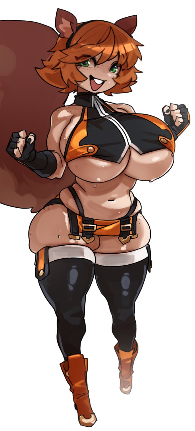 1girl animal_ears antenna_hair ass ass_freckles blazblue body_freckles breasts brown_hair cosplay crop_top crossover extreme_crop_top fingerless_gloves gloves grin highres large_breasts makoto_nanaya makoto_nanaya_(cosplay) marvel marvel_rivals midriff navel revealing_clothes short_hair skirt smile solo squirrel_ears squirrel_girl squirrel_girl_(marvel) squirrel_girl_(marvel_rivals) squirrel_tail tail thighhighs underboob zanamaoria