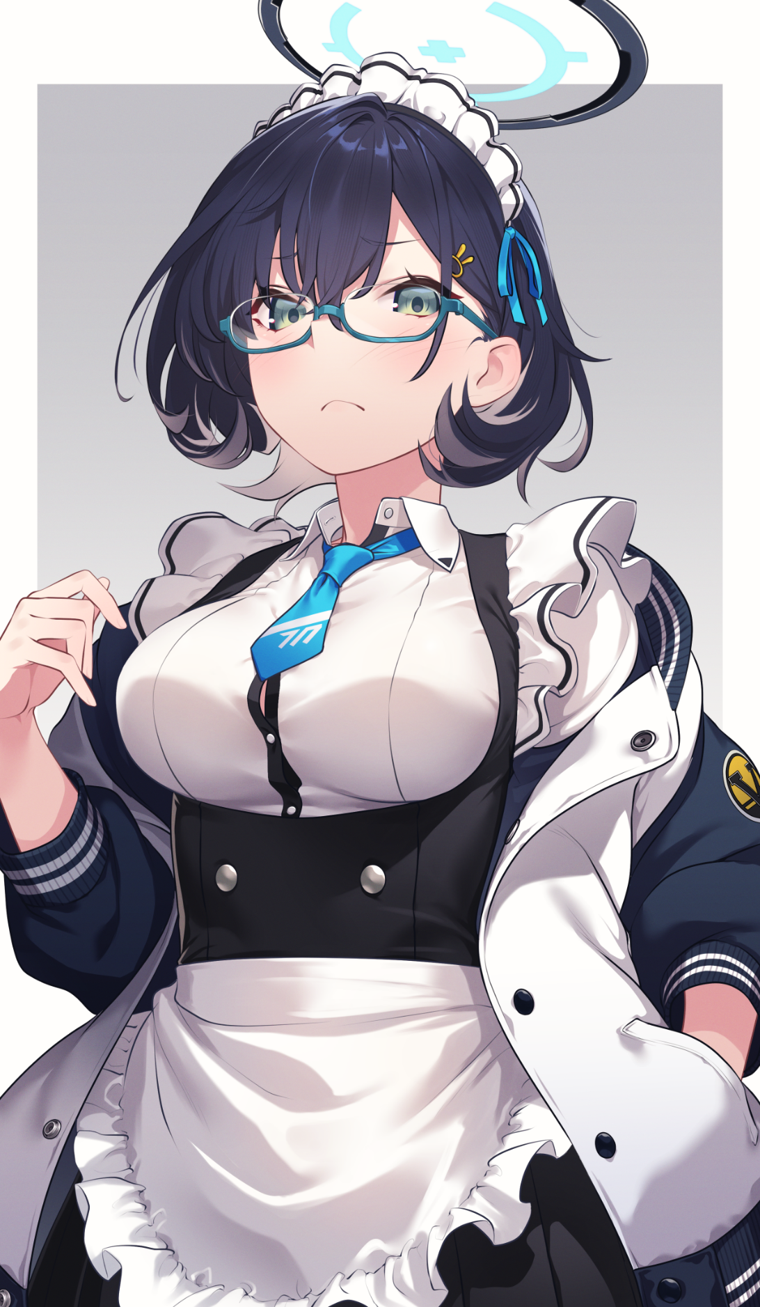 1girl apron blue_archive blue_eyes blue_necktie breasts chihiro_(blue_archive) closed_mouth glasses green_eyes halo hand_in_pocket highres hikichi_sakuya jacket large_breasts looking_at_viewer maid maid_apron maid_headdress necktie off_shoulder open_clothes open_jacket