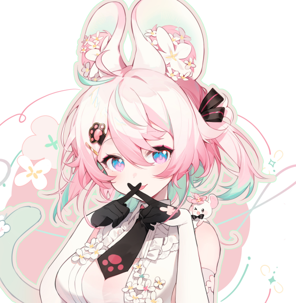 1girl animal animal_ear_fluff animal_ears animal_on_shoulder aqua_hair arin_(fanfan013) bare_shoulders black_bow black_bowtie black_gloves black_necktie black_ribbon blue_eyes bow bowtie breasts brown_outline cat_tail center_frills center_opening cleavage collared_shirt commentary commission detached_sleeves eyelashes eyeshadow fingers_to_mouth flower frills gloves hair_flower hair_ornament hair_ribbon hairclip large_breasts long_sleeves makeup medium_hair mouse_(animal) mouse_ears multicolored_eyes multicolored_hair necktie original outline own_hands_together paw_hair_ornament paw_print paw_print_pattern pink_eyes pink_flower pink_hair red_eyeshadow ribbon shirt short_twintails simple_background single_stripe sleeveless sleeveless_shirt sleeves_past_wrists solo sparkle streaked_hair string striped_ribbon tail traditional_bowtie twintails two-tone_eyes upper_body white_background white_flower white_shirt white_sleeves