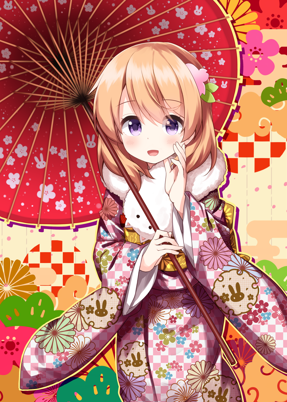 1girl :d blush checkered_clothes checkered_kimono colorful_background commentary_request cowboy_shot floral_print floral_print_kimono flower fur_collar gochuumon_wa_usagi_desu_ka? hair_flower hair_ornament hand_up highres holding holding_umbrella hoto_cocoa japanese_clothes kimono long_sleeves looking_at_viewer medium_hair new_year oil-paper_umbrella open_mouth orange_hair pink_kimono print_kimono purple_eyes red_umbrella ruu_(tksymkw) sash smile solo tippy_(gochiusa) umbrella wide_sleeves yellow_sash