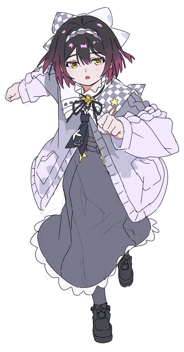 1girl anime_coloring ankle_boots asymmetrical_bow asymmetrical_collar asymmetrical_hairband black_boots black_hair black_neckerchief black_ribbon blush bob_cut boots bow brooch button-down_collar checkered_bow checkered_clothes checkered_collar checkered_print chinese_commentary clenched_hands coat collar colored_tips commentary_request double-parted_bangs dress flower_brooch frilled_collar frills full_body gold_buttons gradient_hair grey_bow grey_coat grey_dress grey_hairband grey_sleeve_cuffs grey_sleeves grey_socks hair_bow hair_ornament hairband hairclip high_collar huise_guozi jewelry lace lace-trimmed_dress lace_trim large_bow long_sleeves medium_hair mismatched_bow mismatched_collar mismatched_hairband multicolored_hair neck_ribbon neckerchief original pleated_collar pocket print_neckerchief puritan_collar purple_hair ribbon running running_towards_viewer sailor_collar simple_background sketch socks solo star_(symbol) sweater_coat two-tone_hair unfinished unworn_hair_ornament unworn_hairclip white_background white_bow white_hairband white_sailor_collar wide_sleeves yellow_eyes