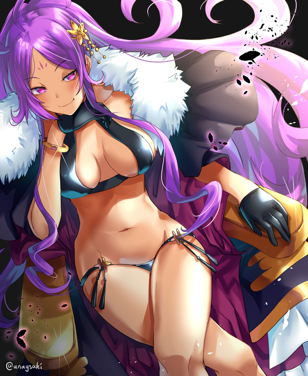 1girl ahoge aona_(anagasaki) bare_shoulders bikini black_bikini black_cape black_gloves breasts cape cleavage collarbone crossed_legs facial_mark fate/grand_order fate_(series) flower forehead forehead_mark fur-trimmed_cape fur_trim gloves hair_flower hair_ornament half_gloves highres large_breasts long_hair looking_at_viewer navel parted_bangs ponytail purple_eyes purple_hair sidelocks sitting smile solo swimsuit thighs throne very_long_hair wu_zetian_(fate) wu_zetian_(swimsuit_caster)_(fate) wu_zetian_(swimsuit_caster)_(third_ascension)_(fate)