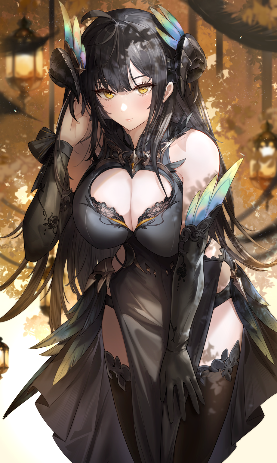 1girl autumn_leaves black_dress black_gloves black_hair black_thighhighs breasts cleavage_cutout clothing_cutout curled_horns demon_girl detached_sleeves dress elbow_gloves gloves highres horns kachi lamppost large_breasts leaf long_hair mole mole_under_eye original outdoors sidelocks single_elbow_glove solo thighhighs tree very_long_hair yellow_eyes