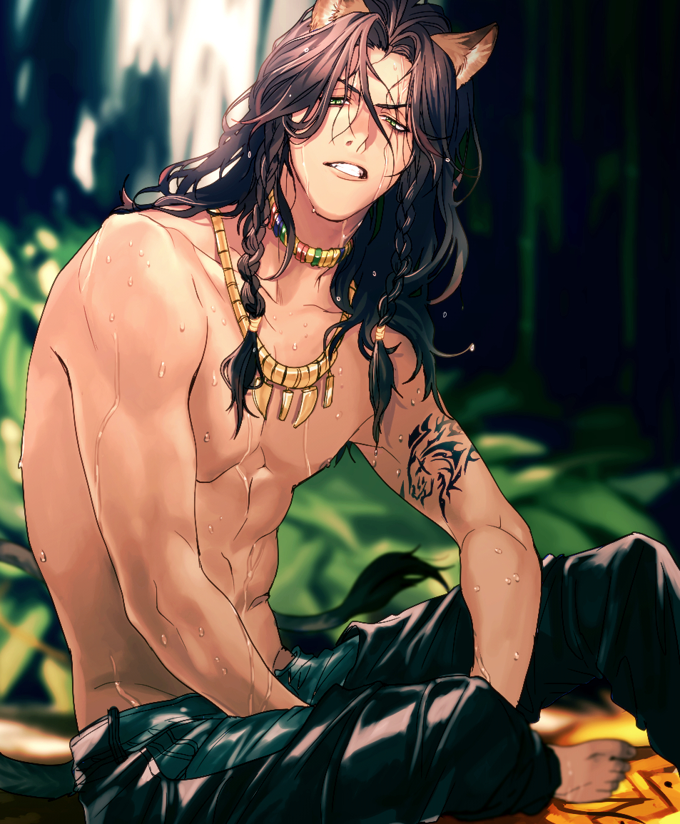 1boy 5_(femfamme) animal_ears barefoot blurry braid brown_hair clenched_teeth dark-skinned_male dark_skin depth_of_field green_eyes jewelry leona_kingscholar lion_ears long_hair looking_at_viewer male_focus outdoors single_braid sitting solo tattoo teeth topless_male twisted_wonderland