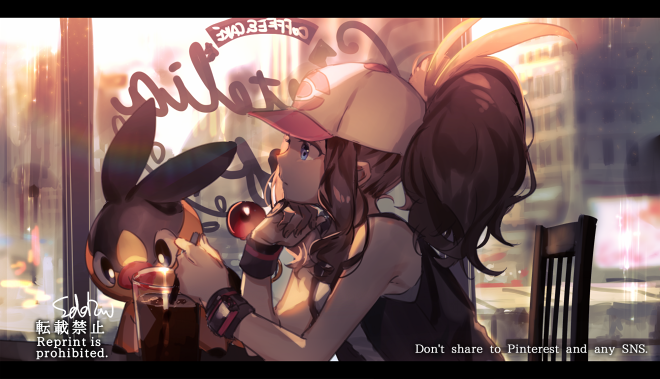 1girl bad_id bad_pixiv_id baseball_cap blue_eyes brown_hair gen_5_pokemon hat high_ponytail hilda_(pokemon) long_hair naru_(andante) nintendo pokemon pokemon_(creature) pokemon_bw ponytail tepig vest wristband